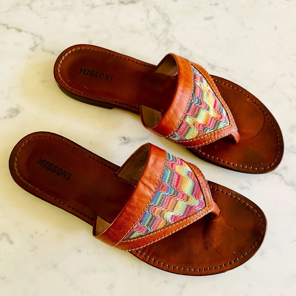 Vintage Missoni leather and fabric flip flops thong sandals size 9